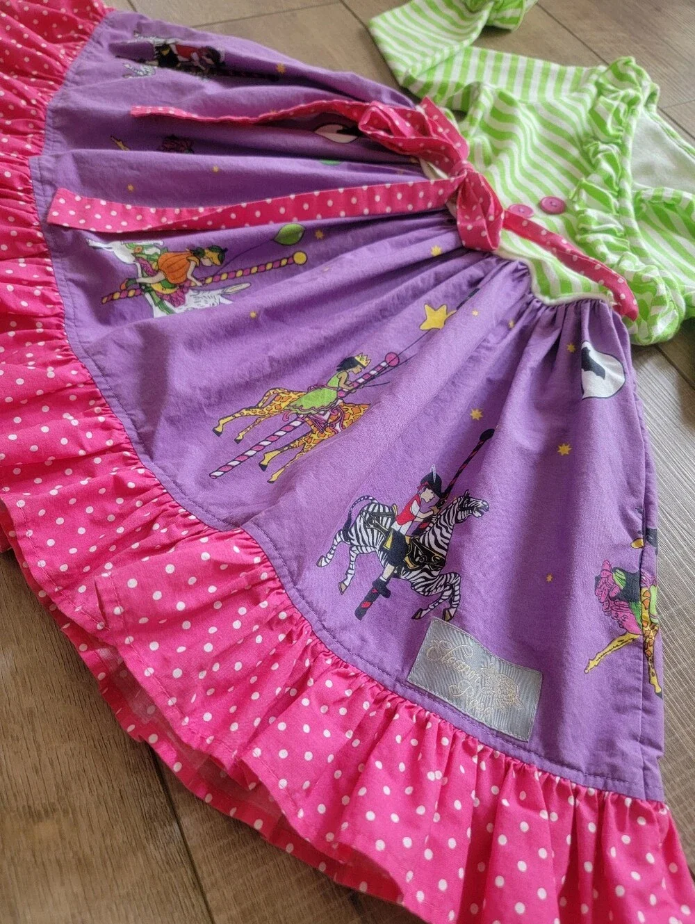 Eleanor Rose Girls Carousel Cotton Striped Ruffle Dress Purple Green Size 5/6